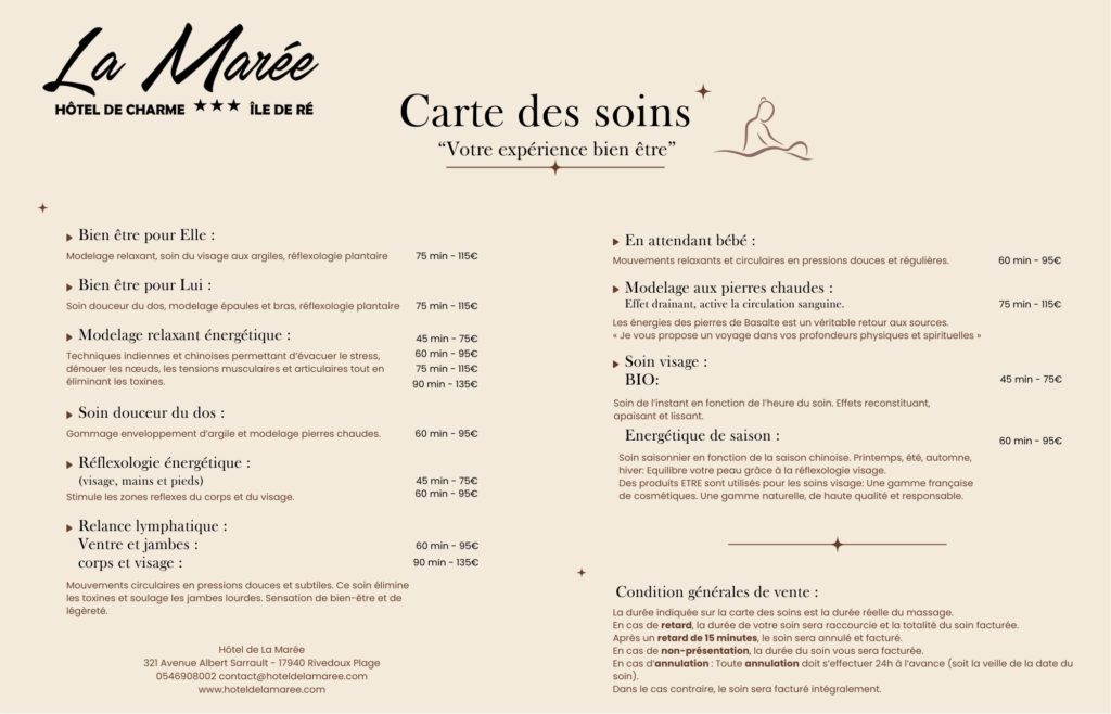 Carte des soins - Hôtel de La Marée - Île de Ré - La Rochelle