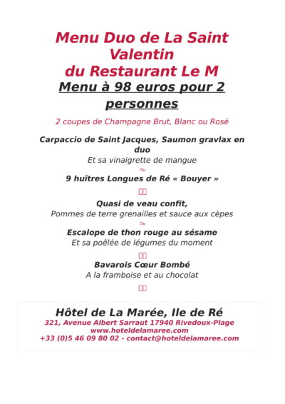 Menu Duo de La Saint Valentin 2019, Hôtel de La Marée, Ile de Ré