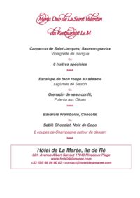 Hotel ile de ré rivedoux-plage 3 étoiles menu saint valentin sur l'ile de ré