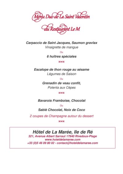 Hotel ile de ré rivedoux-plage 3 étoiles menu saint valentin sur l'ile de ré