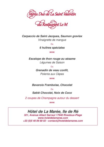 Hotel ile de ré rivedoux-plage 3 étoiles menu saint valentin sur l'ile de ré